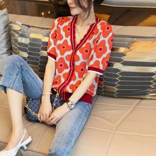 Elbow-sleeve Flower Print Cardigan