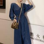 3/4-sleeve Midi Denim Dress Blue - One Size