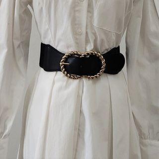 Round Metal Buckled Elastic Belt Black - One Size