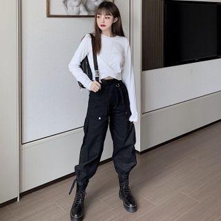 Long-sleeve Cropped T-shirt / Cargo Harem Pants