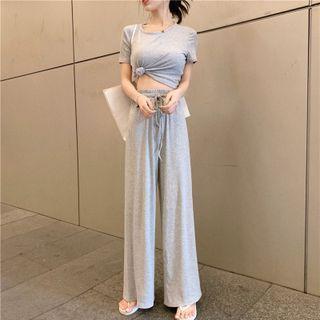 Set: Short-sleeve Plain T-shirt + Wide-leg Sweatpants