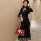 Mesh Panel Long-sleeve Velvet Dress Black - One Size