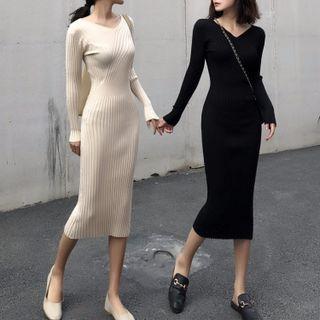 Long-sleeve Ribbed Sheath Midi Knit Dress