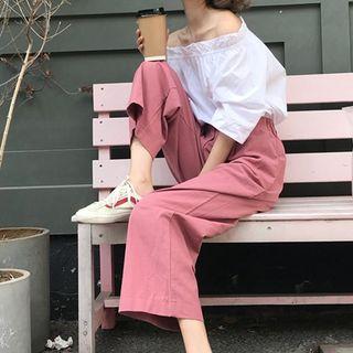 Set: Plain Off-shoulder Elbow-sleeve Top + Cropped Wide-leg Pants