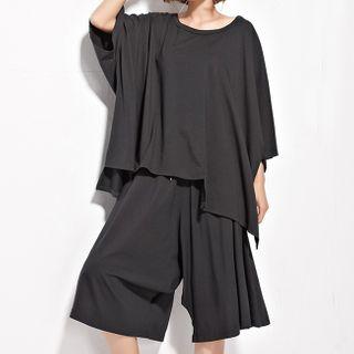 Set: Asymmetric Short-sleeve T-shirt + Shorts Black - One Size