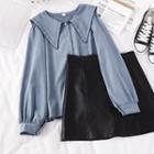 Peter-pan-collar Blouse / Faux Leather A-line Mini Skirt