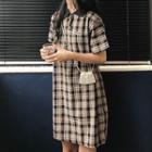 Plaid Letter Embroidered Short-sleeve Polo Shirt Dress