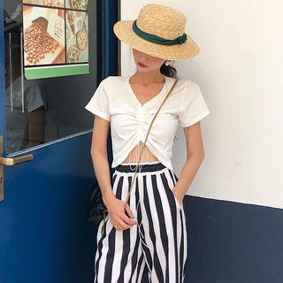 Set: Drawstring Short-sleeve T-shirt + Pinstripe Wide Leg Pants