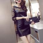 Long-sleeve Lace Panel Faux Leather Mini Bodycon Dress