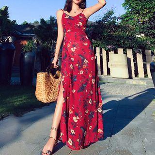 Spaghetti Strap Floral Print Open-back Maxi Dress