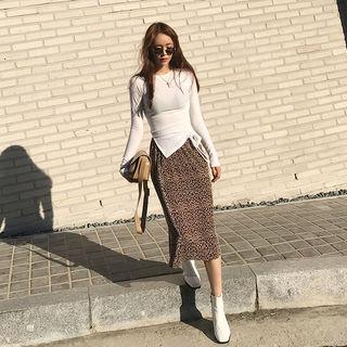 Accordion-pleated Leopard Print Skirt Beige - One Size