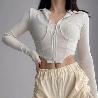 Set; Ribbed Camisole Top + Long-sleeve Ribbed Polo Shirt