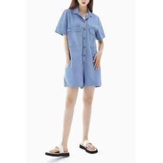 Flap-pocket Denim Playsuit Blue - One Size
