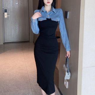 Mock Two-piece Long-sleeve Denim Panel Midi Sheath Dress