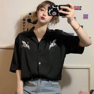 Crane Embroidered Short-sleeve Blouse / Crochet Cardigan