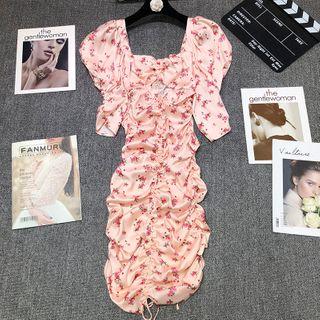 Short-sleeve Floral Print Drawstring Mini A-line Dress
