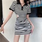 Short-sleeve Polo Neck Striped Mini Sheath Dress