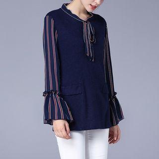 Striped Panel Tie-neck Blouse