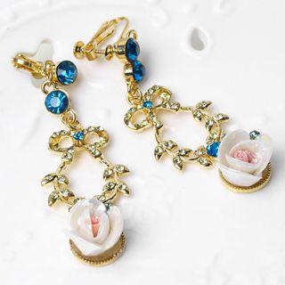Flower Drop Earring With Ear Hole - Gold & Blue & Pink - One Size