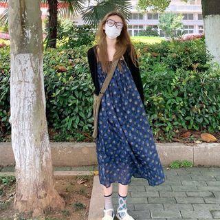 Floral Spaghetti Strap Dress / Plain Knit Cardigan
