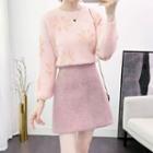 Furry Floral Sweater / Rhinestone A-line Mini Wool Skirt / Set