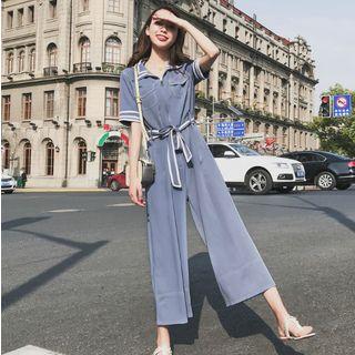 Contrast Trim Tie-waist Cropped Jumpsuit