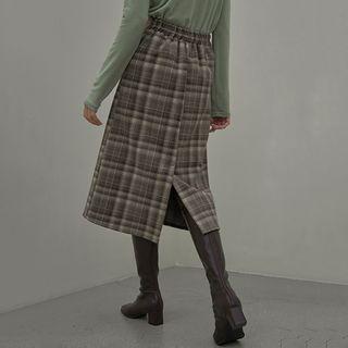Band-waist Midi Plaid Skirt Cocoa - One Size