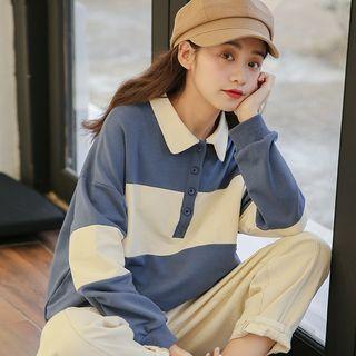 Color Block Long-sleeve Oversize Polo Shirt