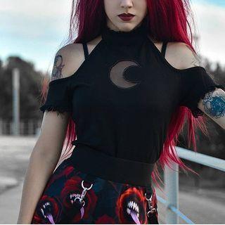 Off Shoulder Ruffled-trim Moon Cut-out Crop Top