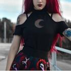 Off Shoulder Ruffled-trim Moon Cut-out Crop Top