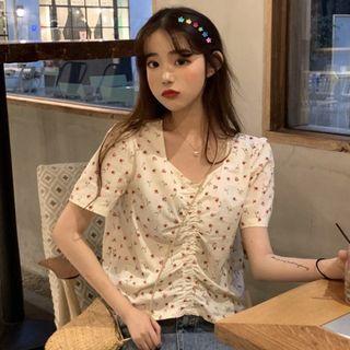 Short-sleeve Floral Drawstring Top