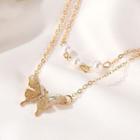 Faux Pearl Alloy Butterfly Pendant Layered Necklace 01 - 9902 - Gold - One Size