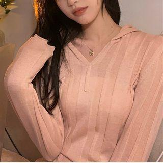 Long-sleeve V-neck Knit Top Pink - One Size