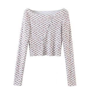 Long-sleeve Plaid Cutout Top Brown & White - One Size