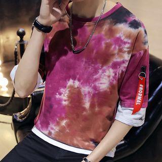 Mock Two-piece 3/4-sleeve Tie-dye T-shirt