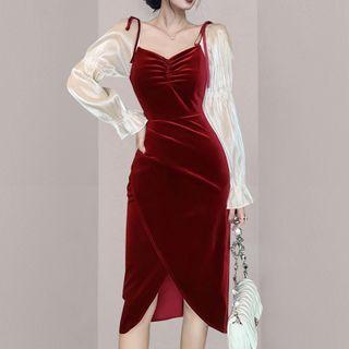 Velvet Color-block Bell-sleeve Midi Dress