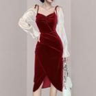 Velvet Color-block Bell-sleeve Midi Dress