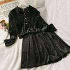 Set: Bell-sleeve Velvet Jacket + A-line Midi Skirt
