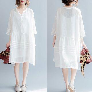 Set: 3/4-sleeve Striped Shift Dress + Slipdress White - One Size