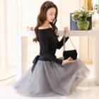 Set: Boatneck Top + Bow-accent Tulle Skirt