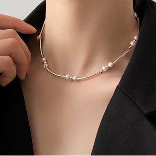 Freshwater Pearl Necklace Necklace & Bracelet - Faux Pearl - Silver & White - One Size