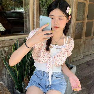 Short-sleeve Floral Print Cropped Blouse / Lace Trim Camisole Top