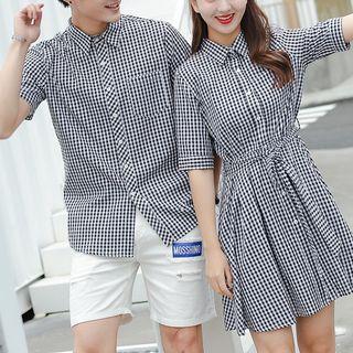 Couple Matching Plaid Elbow-sleeve Shirt Dress / Plaid Short-sleeve Shirt