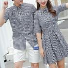 Couple Matching Plaid Elbow-sleeve Shirt Dress / Plaid Short-sleeve Shirt