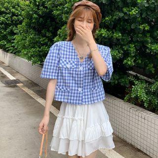Short-sleeve V-neck Plaid Crop Shirt / Ruffle Trim Layered Mini A-line Skirt