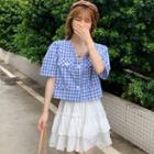 Short-sleeve V-neck Plaid Crop Shirt / Ruffle Trim Layered Mini A-line Skirt