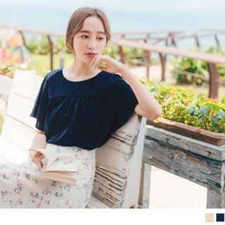 Ruffle Sleeve Lace Panel Round Neck Chiffon Top