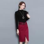 Set: Long-sleeve Mock-neck Knit Top + Fitted Skirt