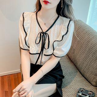 Short-sleeve Bow Ruffled Blouse