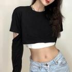 Set: Cut-out Long-sleeve Crop Top + Cropped Camisole Top
